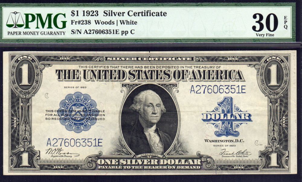 Fr.238, 1923 $1 Silver Certificate, Very Fine, PMG30-EPQ, A27606351E, PMG30-EPQ